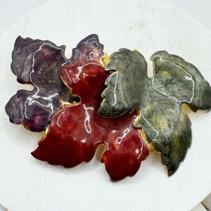 Fall Leaf Cluster Brooch Pin Swirled Enamel Purple Red Green Autumn Large Gold